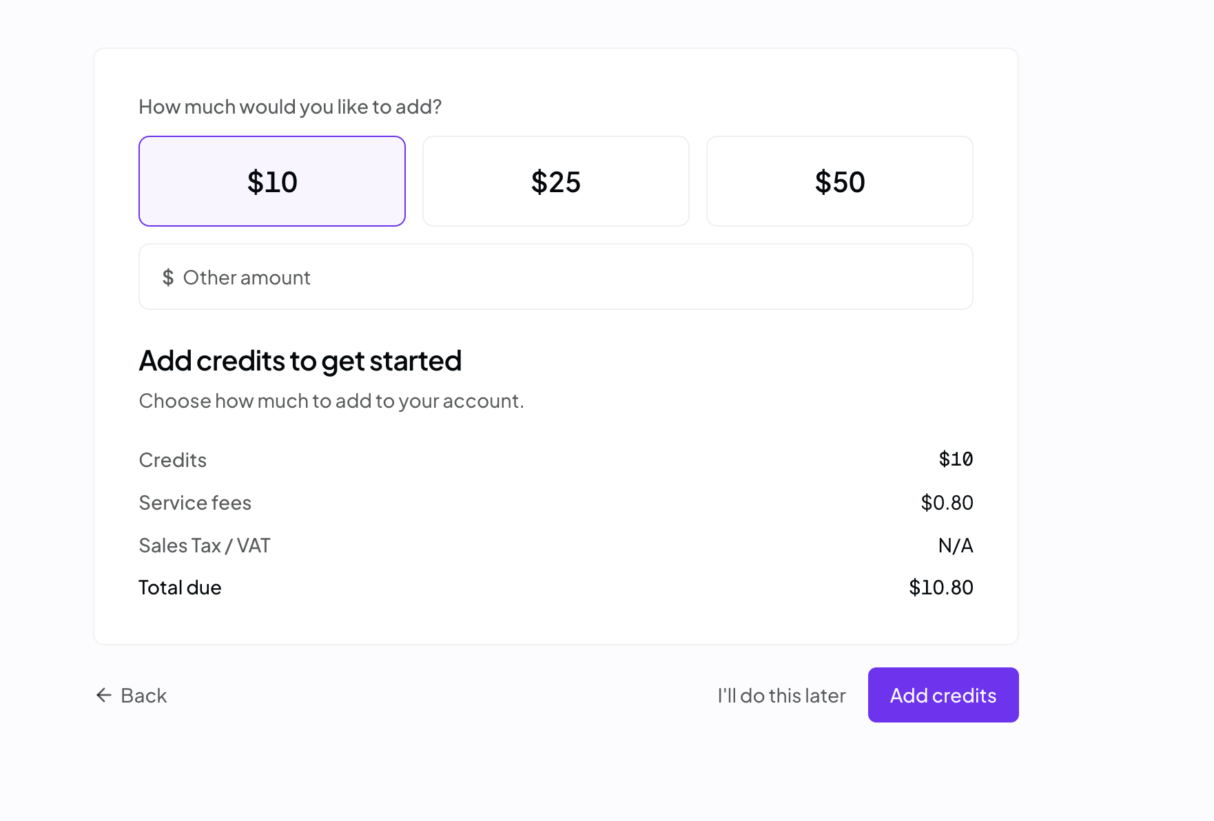 OpenRouter add credits screen with ten dollars selected