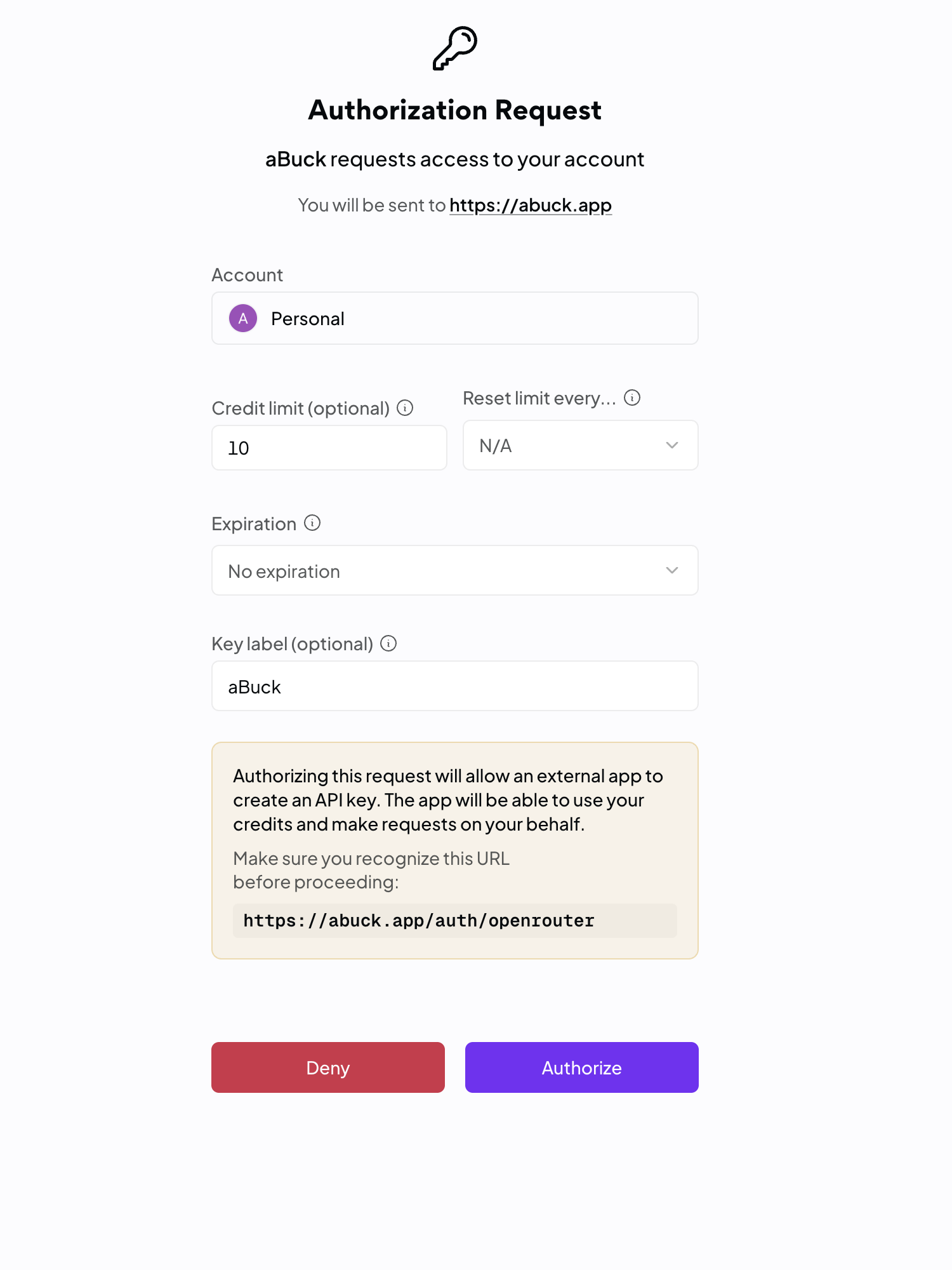 OpenRouter authorization request for Takes with a ten-dollar credit limit