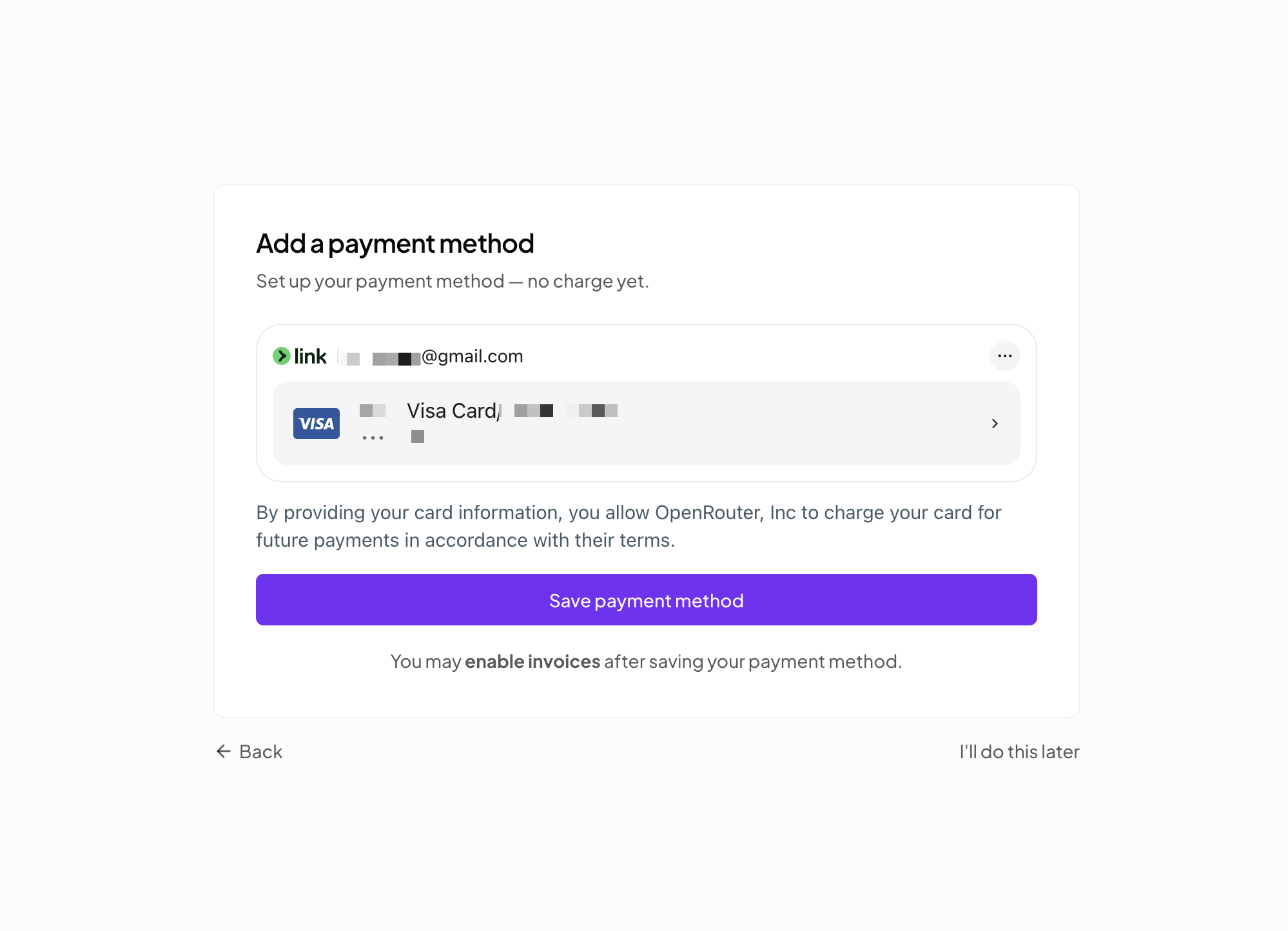 OpenRouter payment method screen