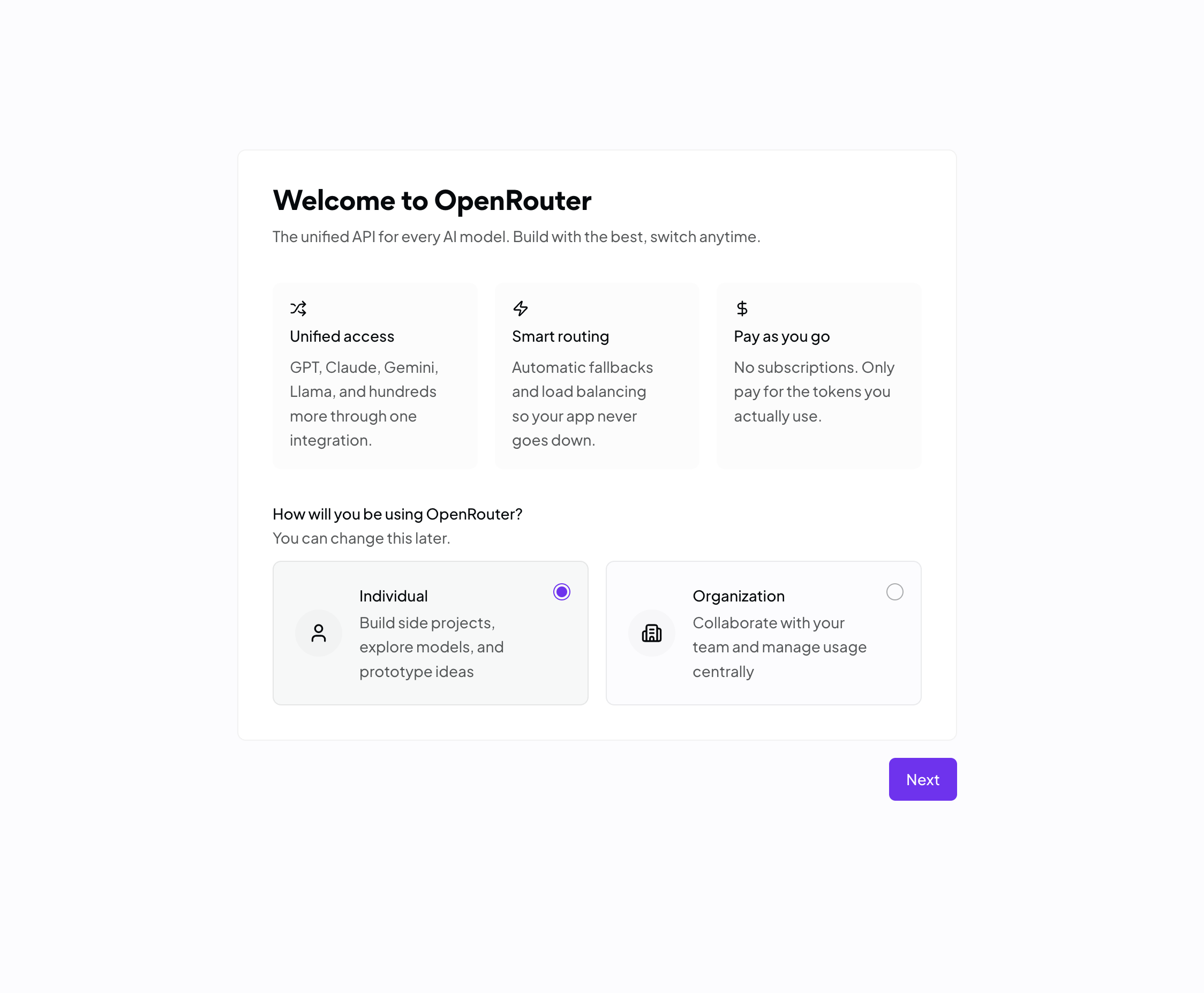 OpenRouter welcome screen with Individual selected